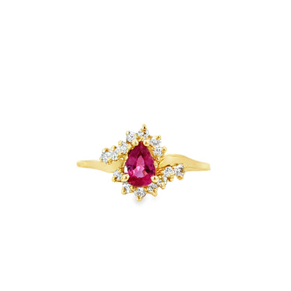 14K Yellow Gold Pear-Cut Ruby and Diamond Starburst Ring