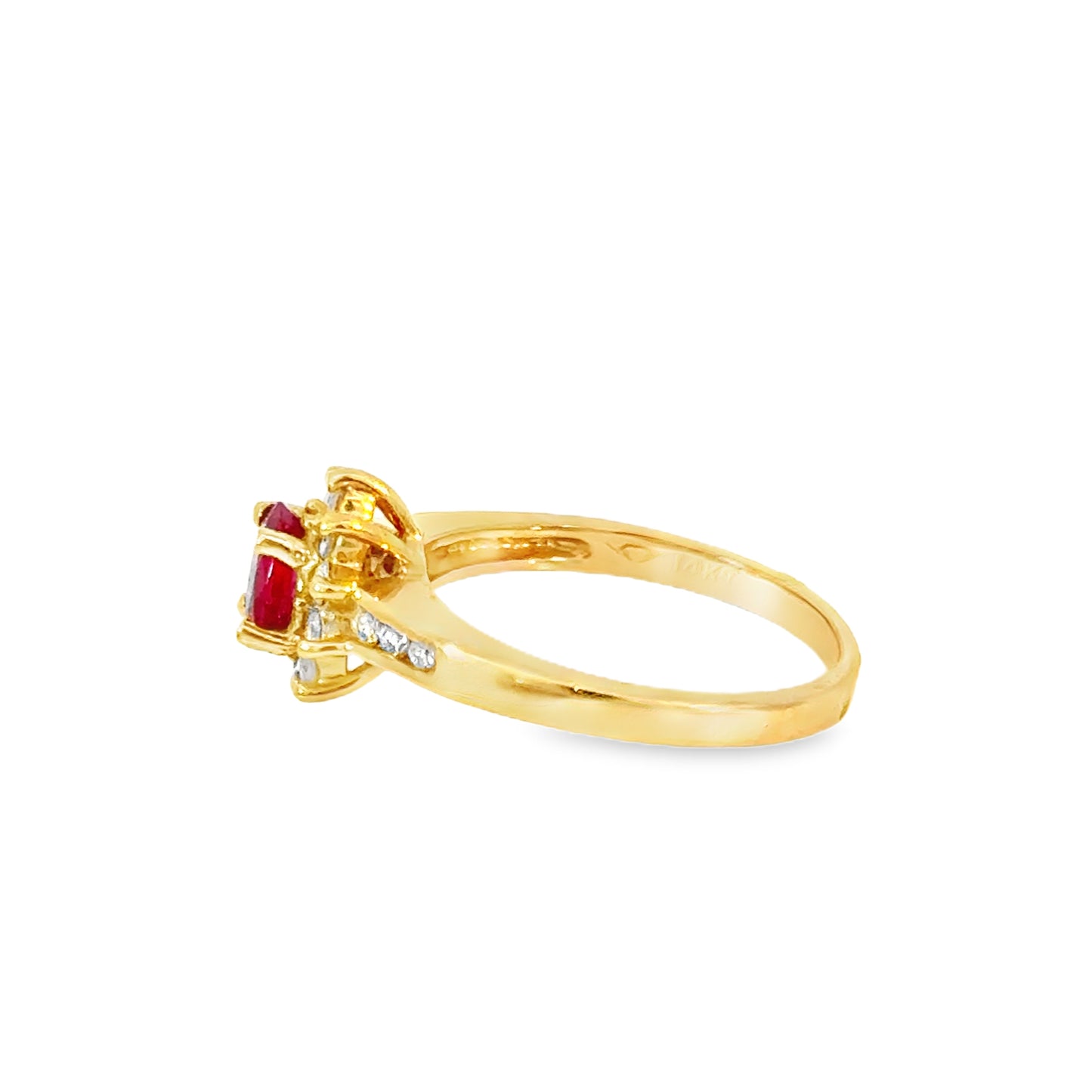 14K Yellow Gold Ruby and Diamond Halo Floral Ring