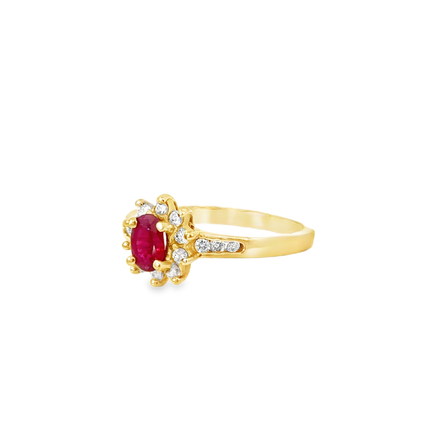 14K Yellow Gold Ruby and Diamond Halo Floral Ring