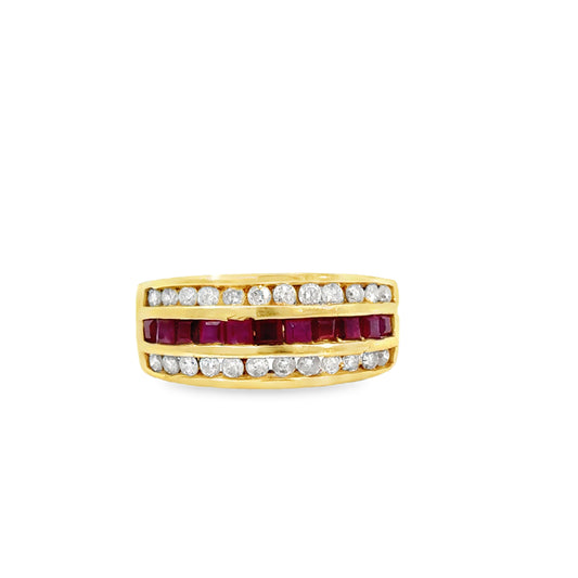 14K Yellow Gold Ruby & Diamond Triple Row Band Ring – 1990s Vintage