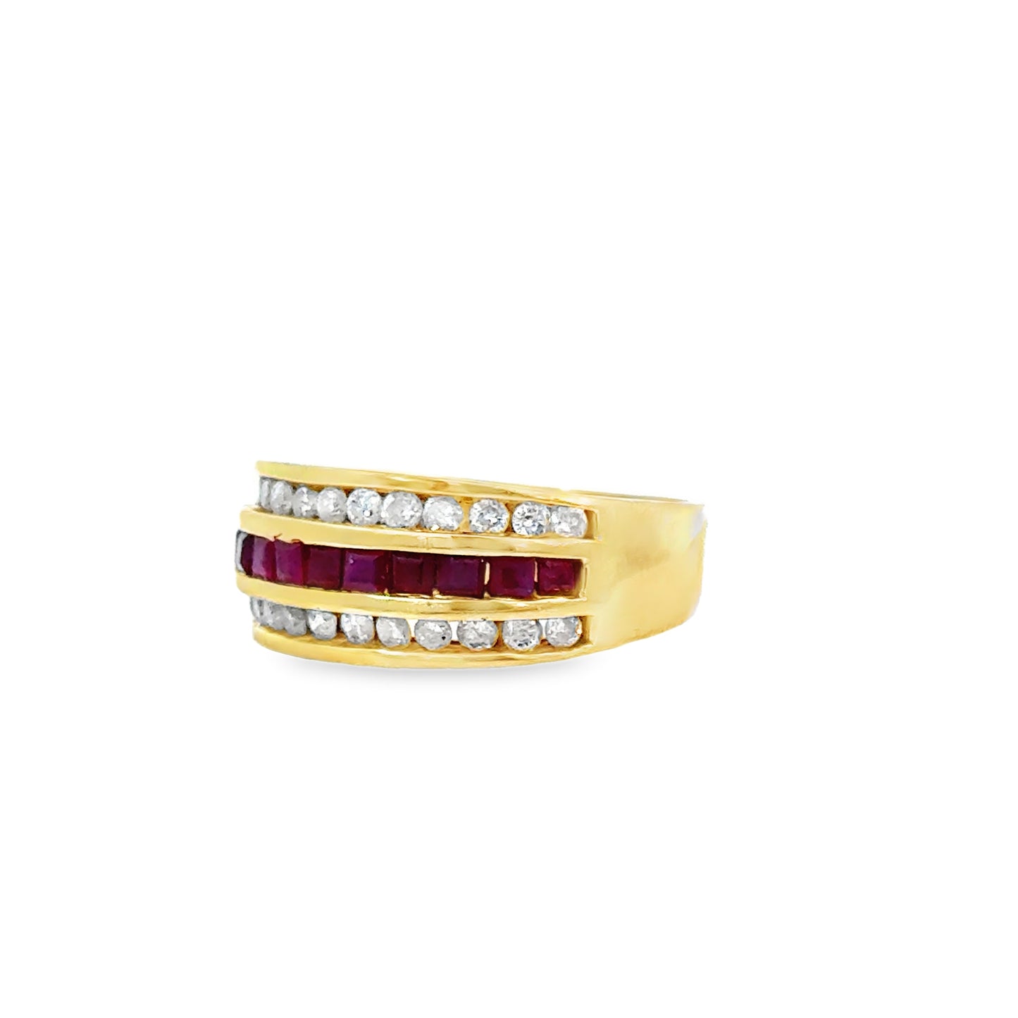 14K Yellow Gold Ruby & Diamond Triple Row Band Ring – 1990s Vintage