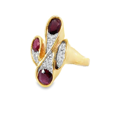 Abstract 1960’s 14K Yellow Gold Ruby & Diamond Ring