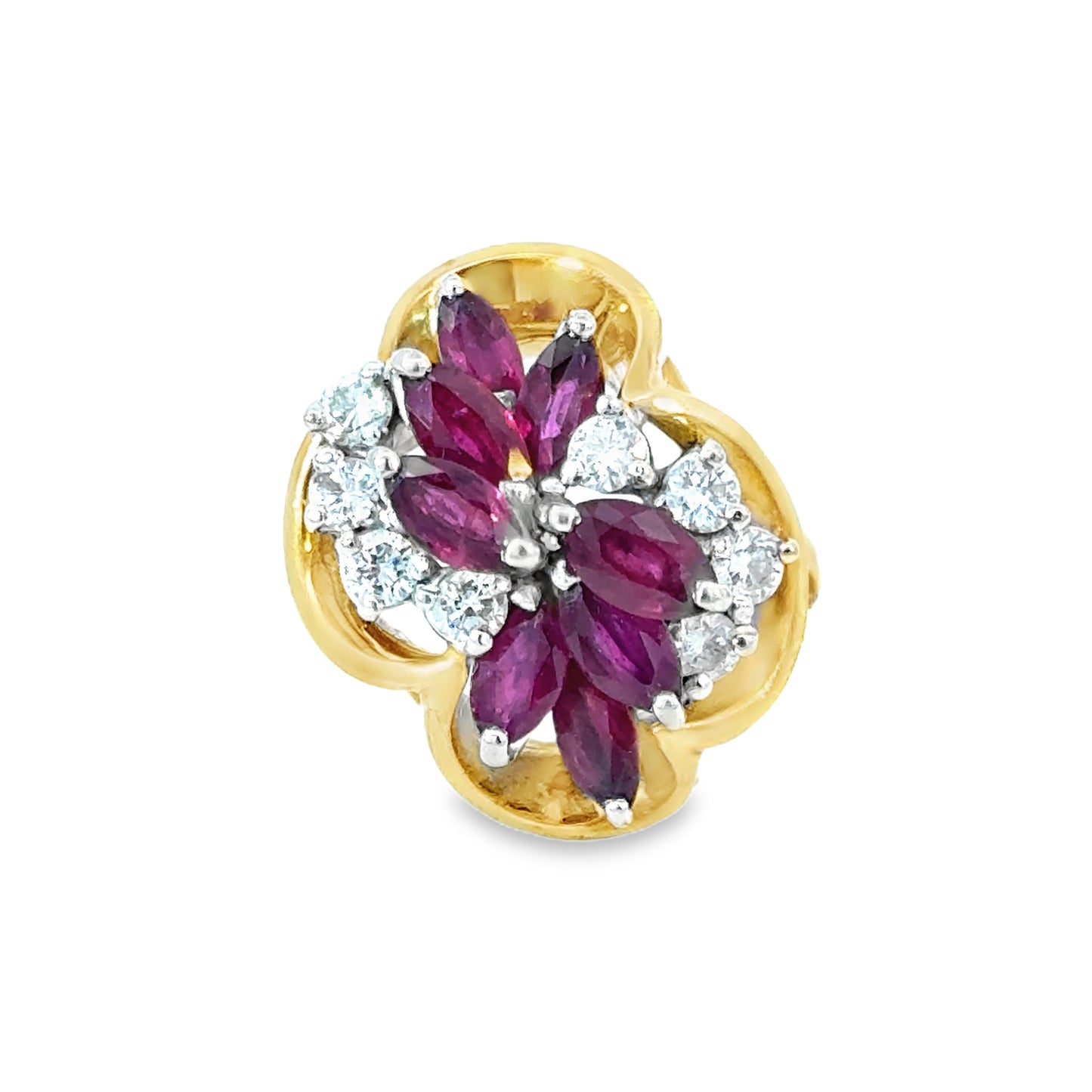 18K Yellow Gold Floral Design Ruby & Diamond Cluster Ring