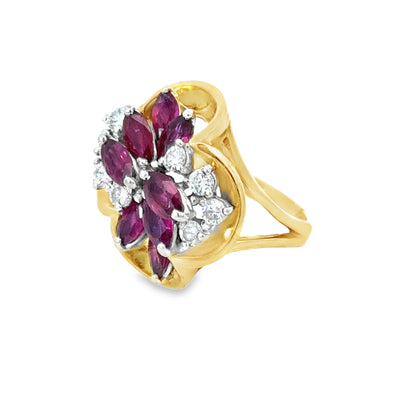 18K Yellow Gold Floral Design Ruby & Diamond Cluster Ring