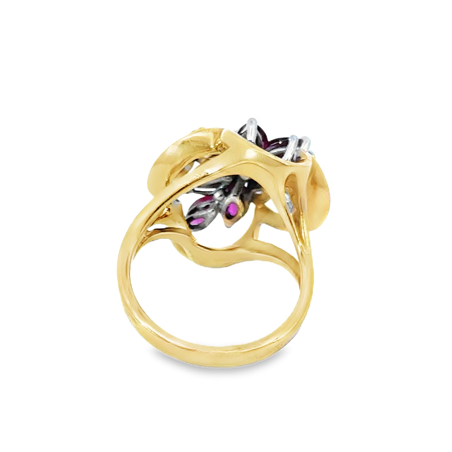 18K Yellow Gold Floral Design Ruby & Diamond Cluster Ring