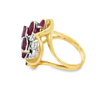 18K Yellow Gold Floral Design Ruby & Diamond Cluster Ring