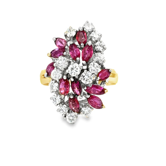 14K Yellow Gold Ruby & Diamond Domed Cluster Ring