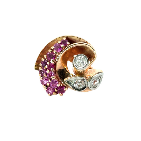 18K Rose Gold Retro Swirl Ruby & Diamond Ring