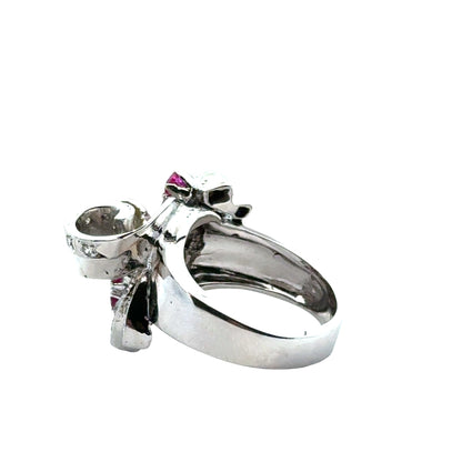 Retro 18K White Gold Ruby, Diamond & Pearl Ribbon Ring – 1950’s Glamour