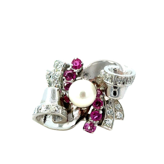 Retro 18K White Gold Ruby, Diamond & Pearl Ribbon Ring – 1950’s Glamour