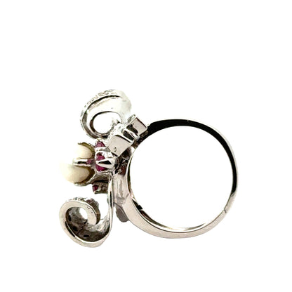 Retro 18K White Gold Ruby, Diamond & Pearl Ribbon Ring – 1950’s Glamour