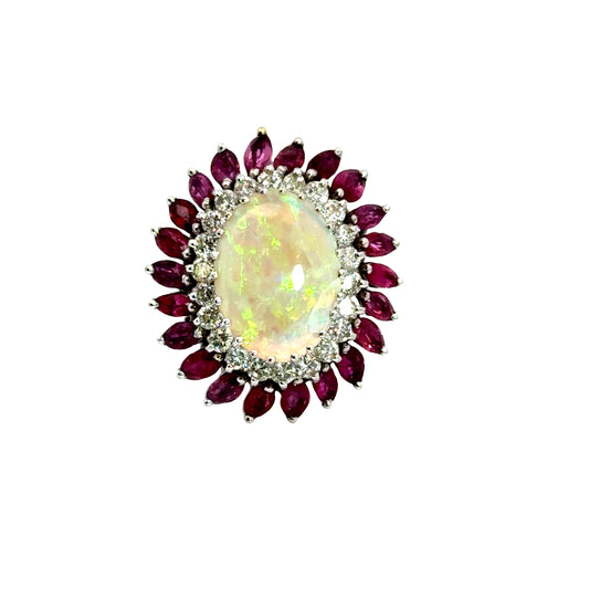 14K Radiant White Opal Ring Elegantly framed by Rubies & Glittering Diamonds