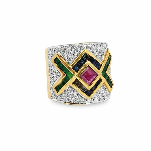 Estate 18K Ruby, Sapphire, Emerald & Diamond Ring