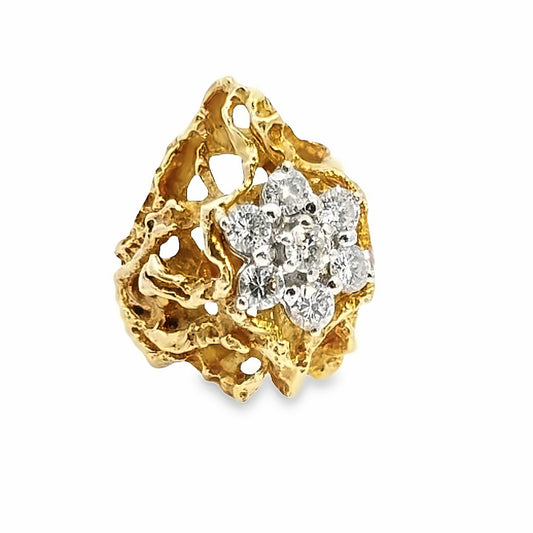 Vintage Abstract 18K Branched Yellow Gold Ring with an Illuminated Diamond Flower