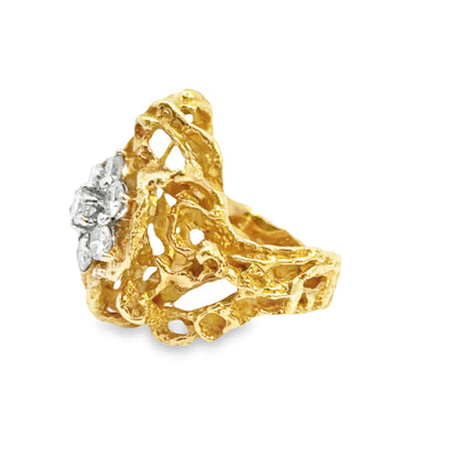 Vintage Abstract 18K Branched Yellow Gold Ring with an Illuminated Diamond Flower