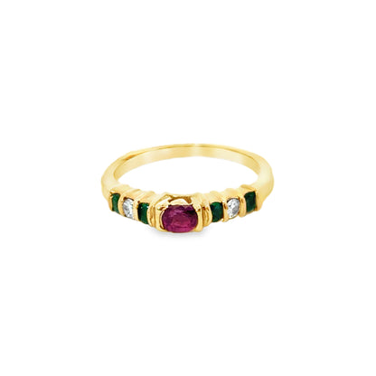 14K Gold Alternating Ruby, Emerald & Diamond Ring
