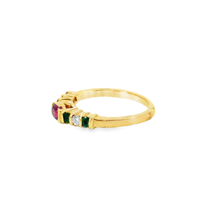 14K Gold Alternating Ruby, Emerald & Diamond Ring