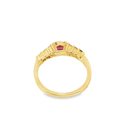 14K Gold Alternating Ruby, Emerald & Diamond Ring