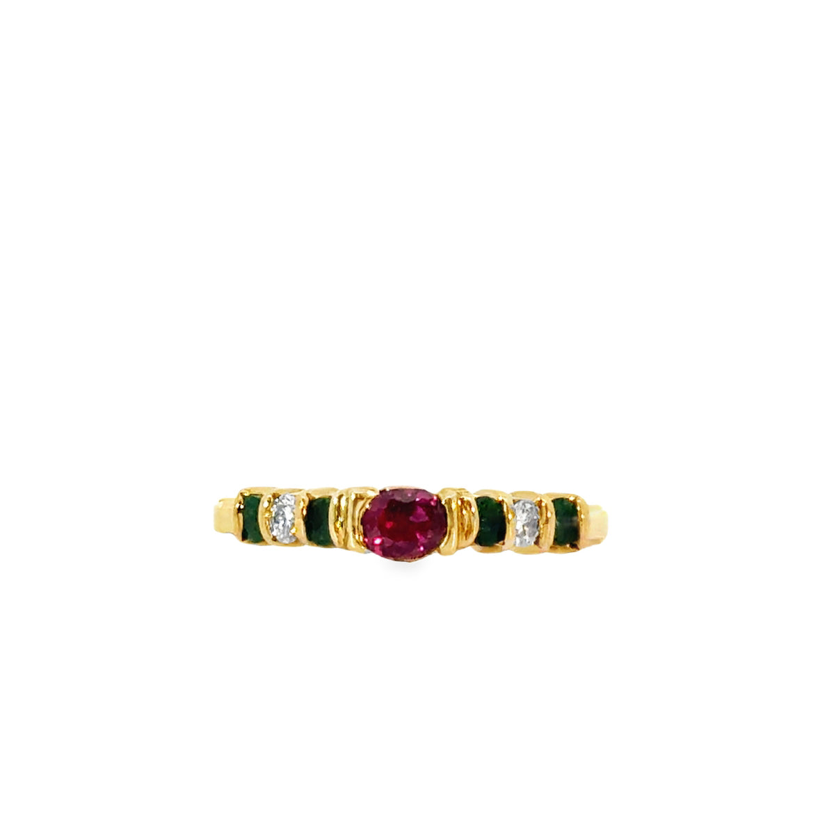 14K Gold Alternating Ruby, Emerald & Diamond Ring