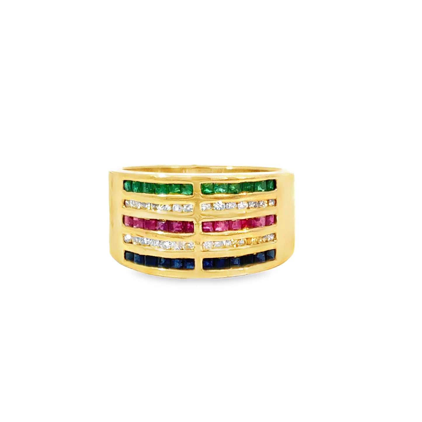 14K Yellow Gold Multi-Color Gemstone & Diamond Wide Band Ring