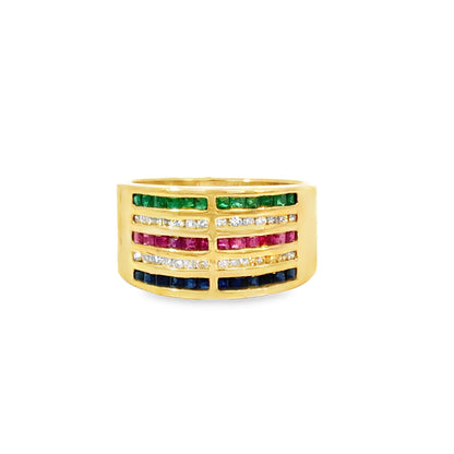 14K Yellow Gold Multi-Color Gemstone & Diamond Wide Band Ring