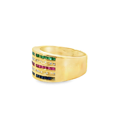 14K Yellow Gold Multi-Color Gemstone & Diamond Wide Band Ring