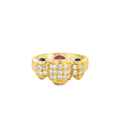 Whimsical 18K Gold Ring with Diamonds, Rubies & Saphires