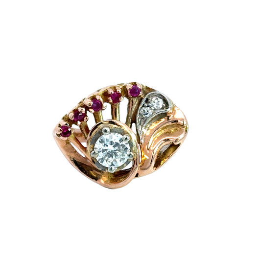 Vintage 14K Rose Gold Fan-Shaped Ruby & Diamond Ring