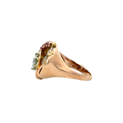 Vintage 14K Rose Gold Fan-Shaped Ruby & Diamond Ring