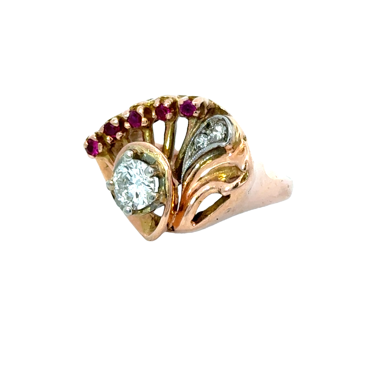 Vintage 14K Rose Gold Fan-Shaped Ruby & Diamond Ring