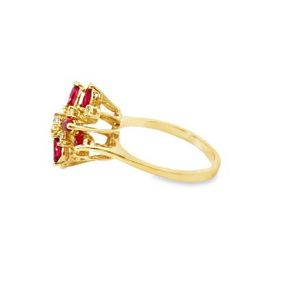 14K Yellow Gold Flower Petal Ruby & Diamond Ring