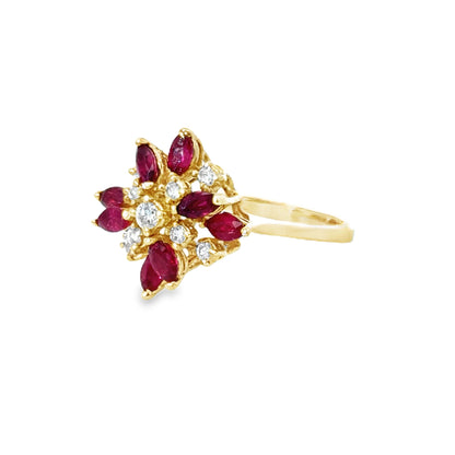 14K Yellow Gold Flower Petal Ruby & Diamond Ring