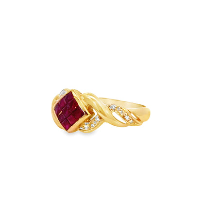 Elegant 18K Yellow Gold Ruby Square Cluster & Diamond Ring