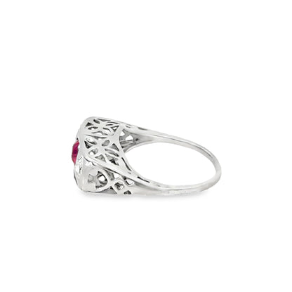 14K White Gold Vintage Charm Ruby & Diamond Filigree Ring