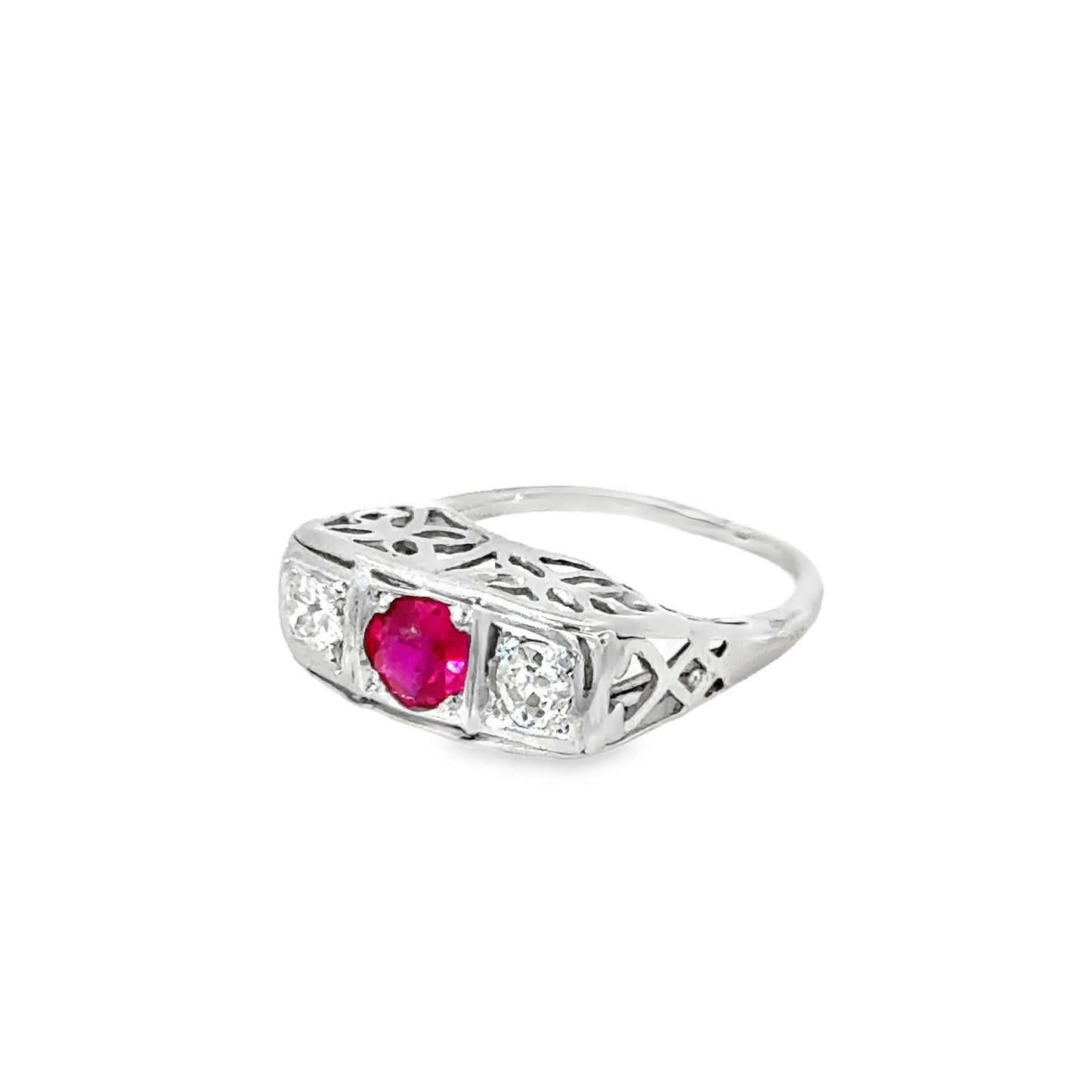 14K White Gold Vintage Charm Ruby & Diamond Filigree Ring