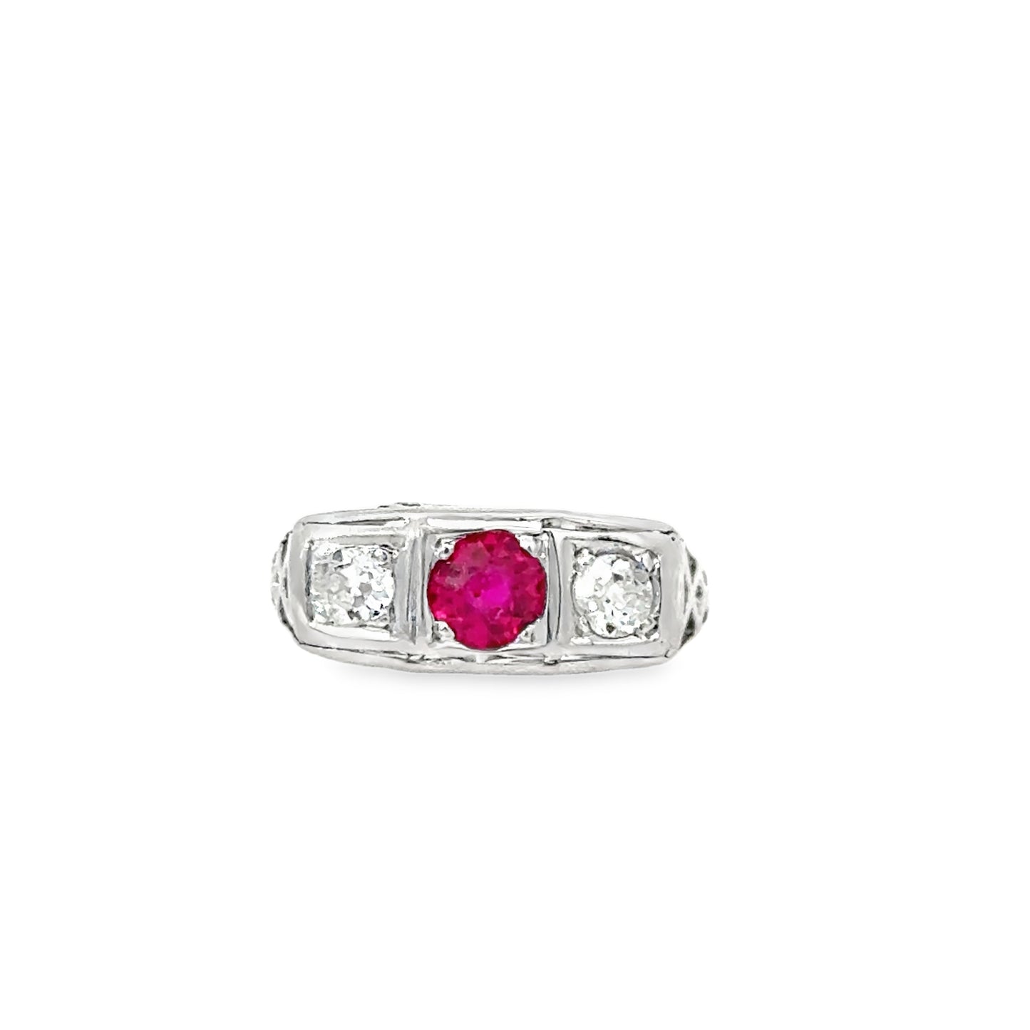 14K White Gold Vintage Charm Ruby & Diamond Filigree Ring