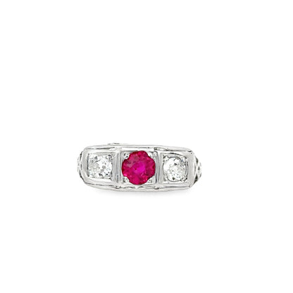 14K White Gold Vintage Charm Ruby & Diamond Filigree Ring