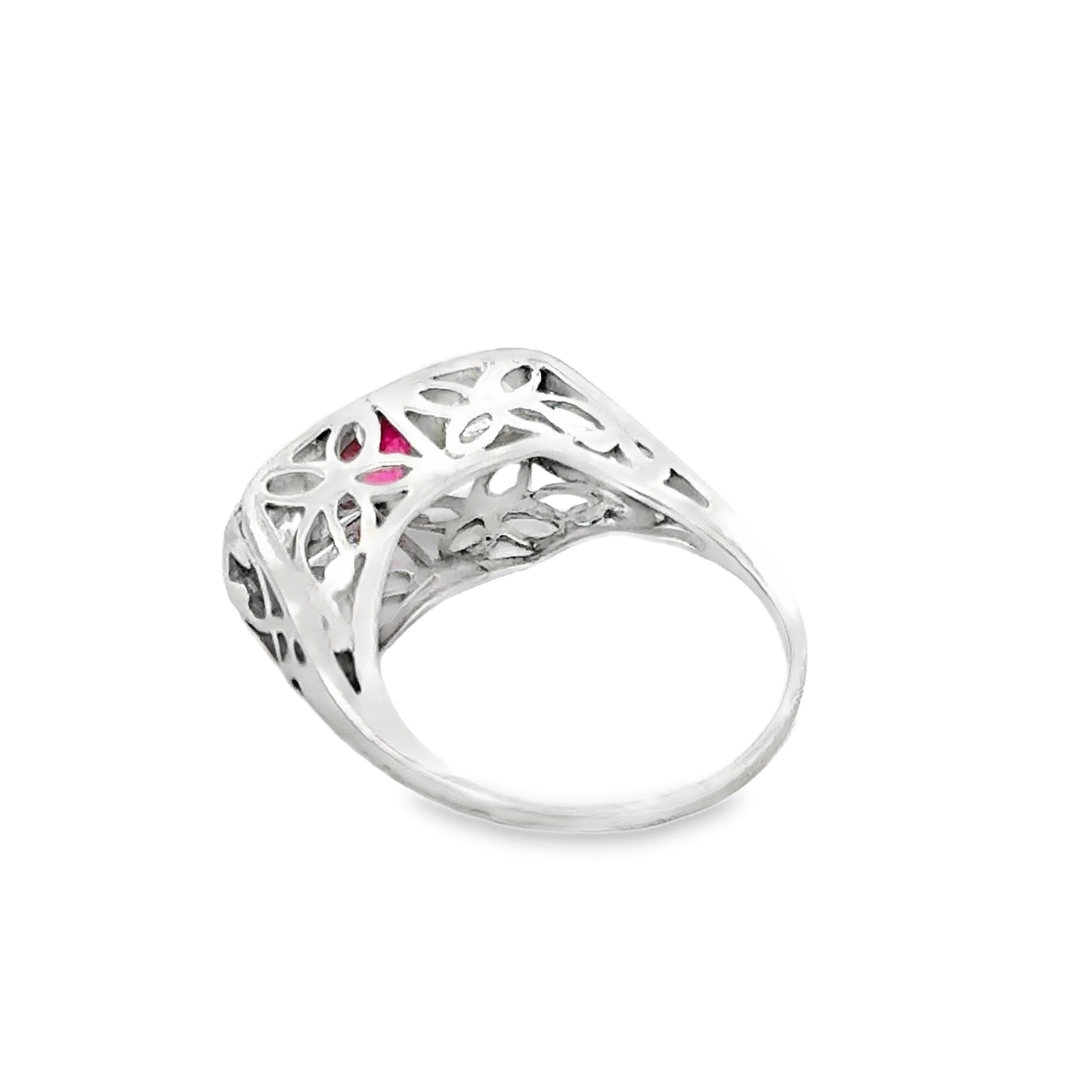 14K White Gold Vintage Charm Ruby & Diamond Filigree Ring