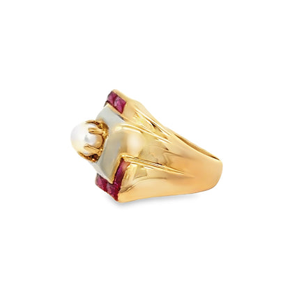 Retro Geometric 14K Rose Gold Pearl & Ruby Ring