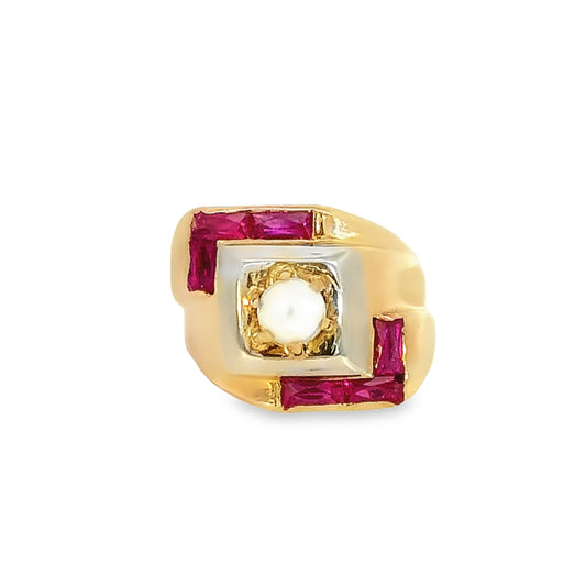 Retro Geometric 14K Rose Gold Pearl & Ruby Ring
