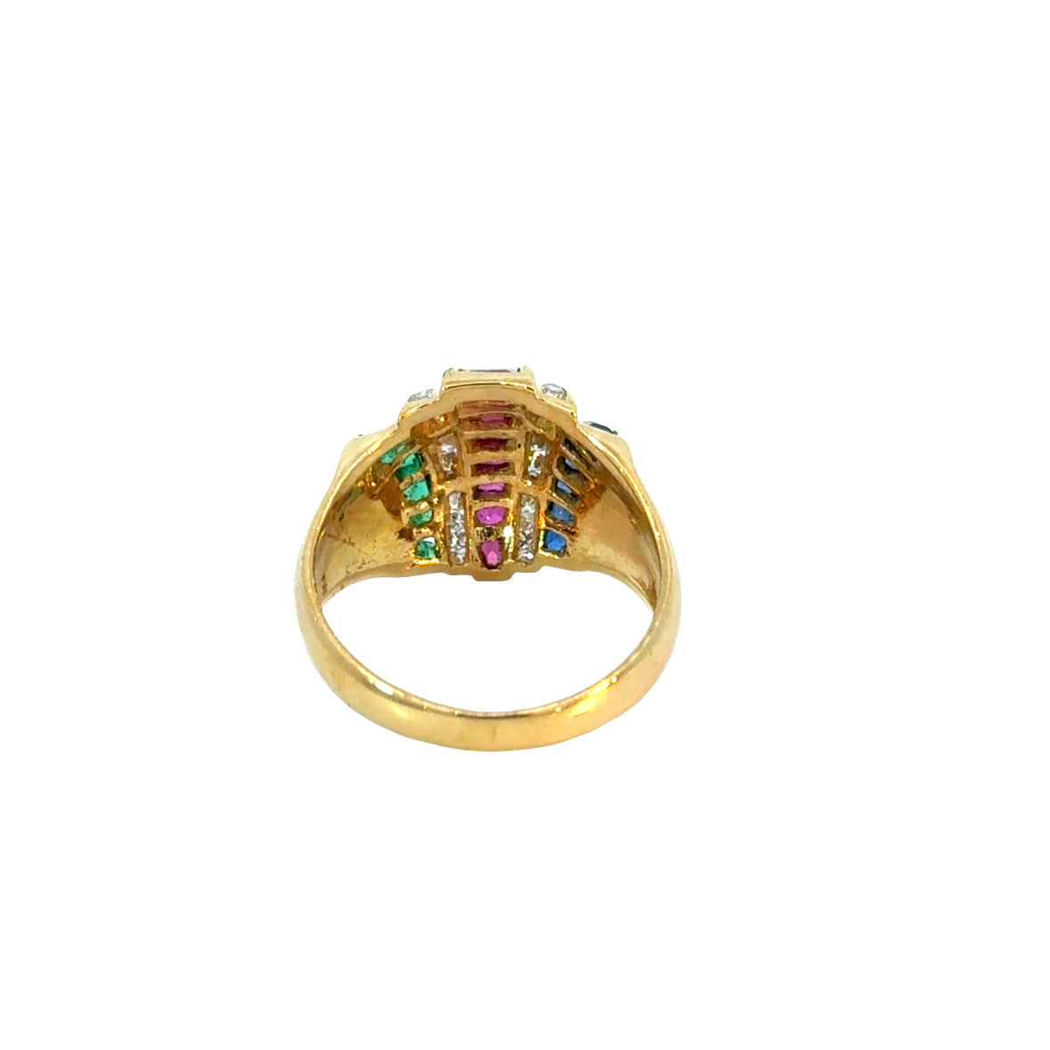 18K Yellow Gold Ruby, Sapphire, Emerald & Diamond Cocktail Ring