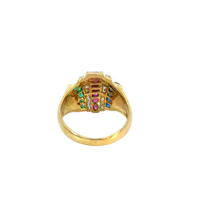18K Yellow Gold Ruby, Sapphire, Emerald & Diamond Cocktail Ring