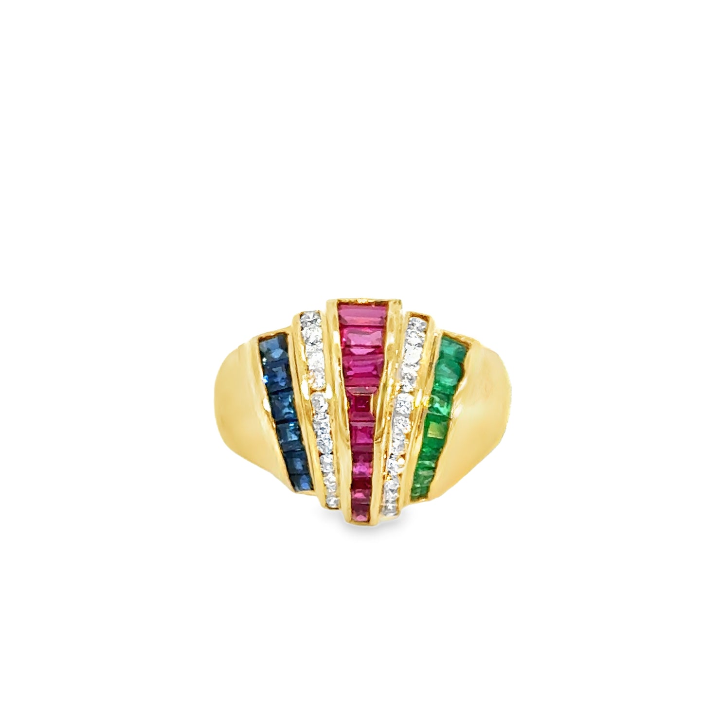 18K Yellow Gold Ruby, Sapphire, Emerald & Diamond Cocktail Ring