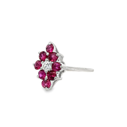14K White Gold Ruby and Diamond Marquise Floral Ring