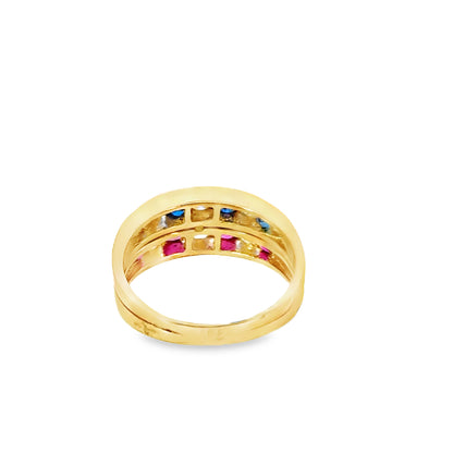 14K Gold Stacked Look Ring with Diamonds, Rubies & Sapphires