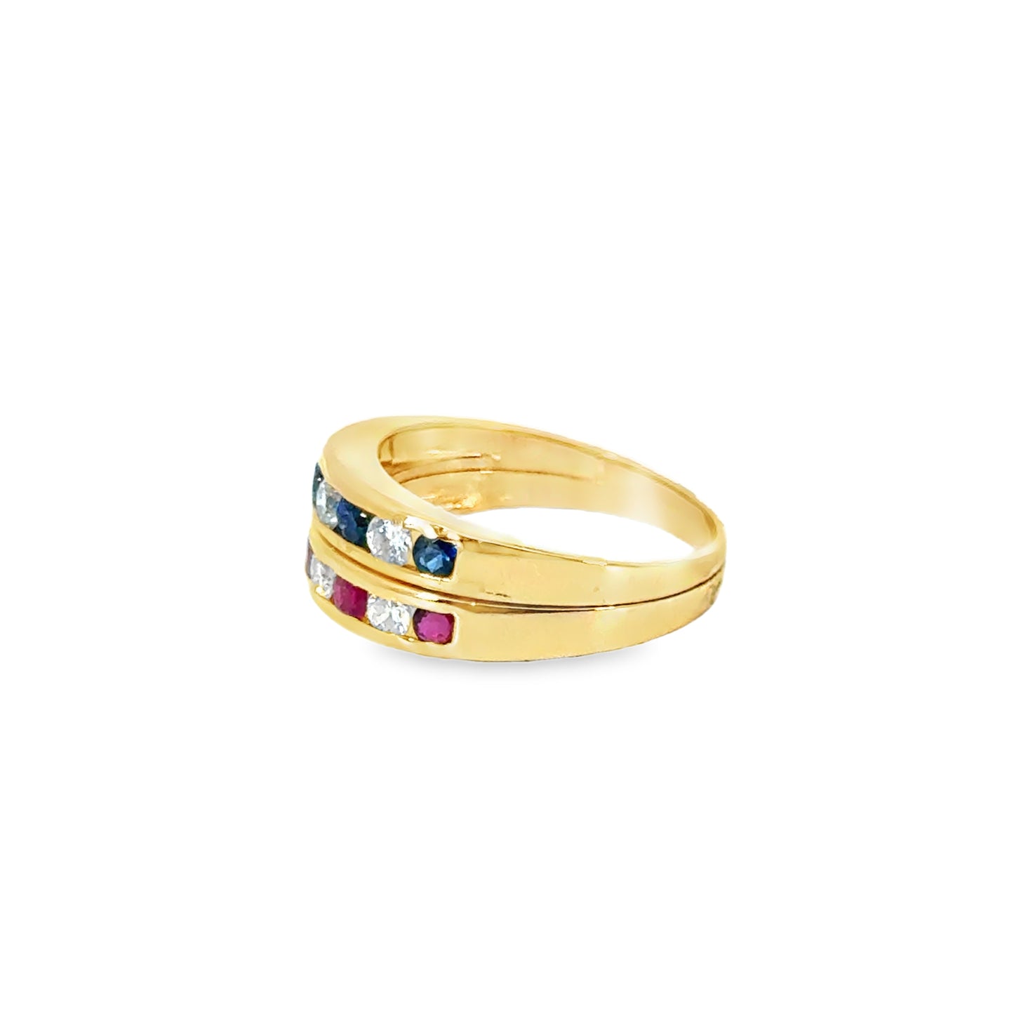 14K Gold Stacked Look Ring with Diamonds, Rubies & Sapphires
