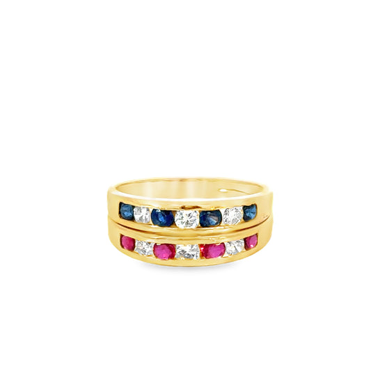 14K Gold Stacked Look Ring with Diamonds, Rubies & Sapphires