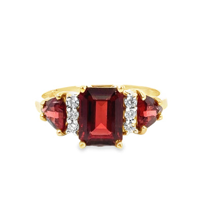 14K Yellow Gold Three-Stone Red Garnet & Diamond Ring