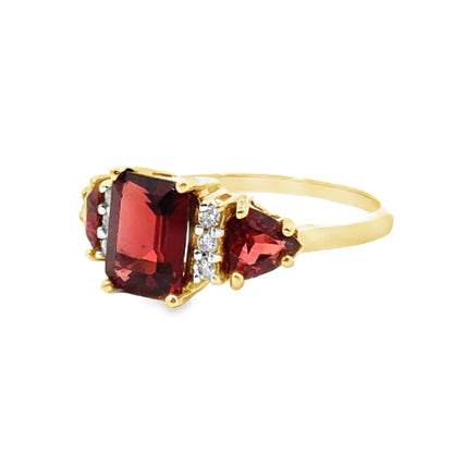 14K Yellow Gold Three-Stone Red Garnet & Diamond Ring