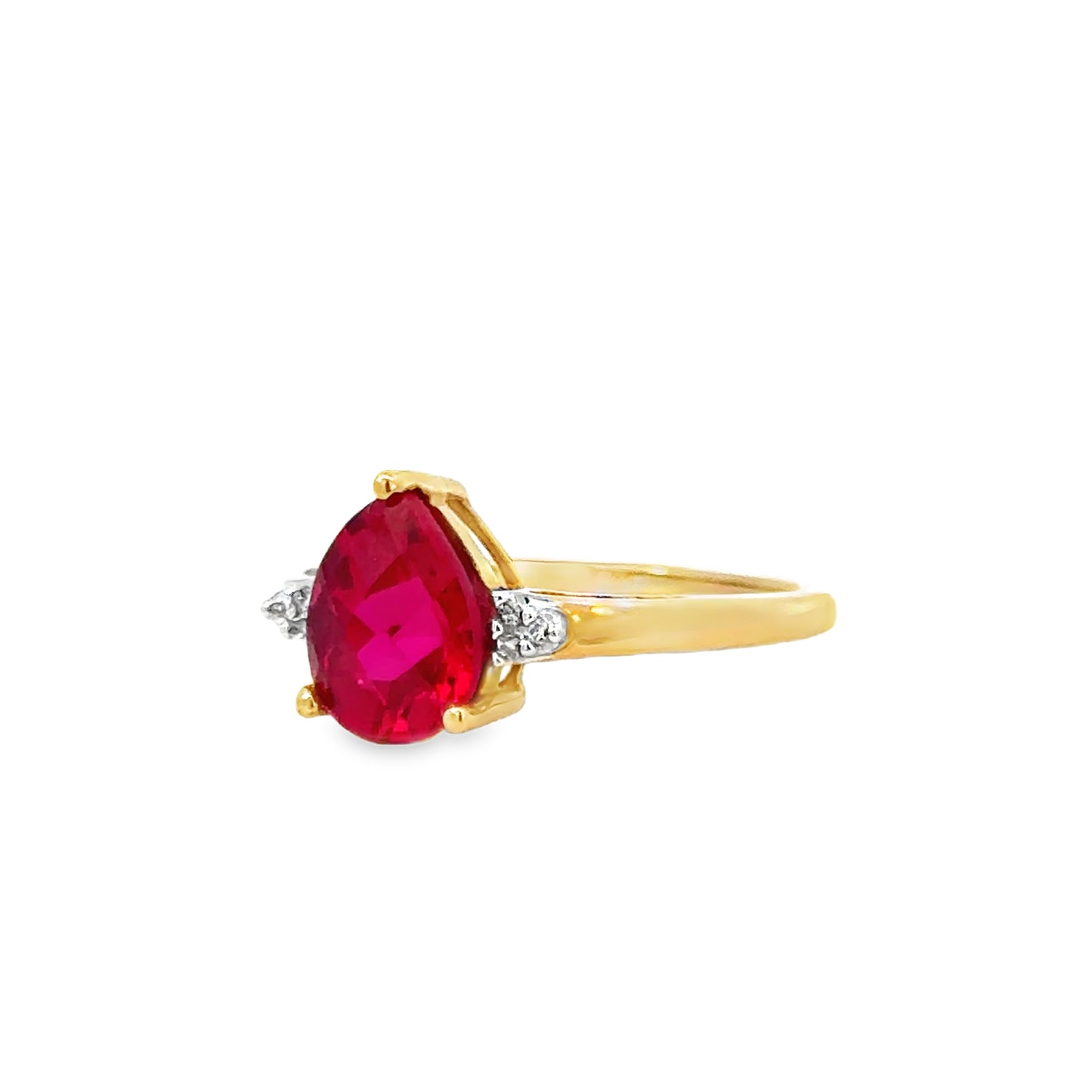 Yellow Gold Classic Pear Synthetic Ruby & Diamond Ring